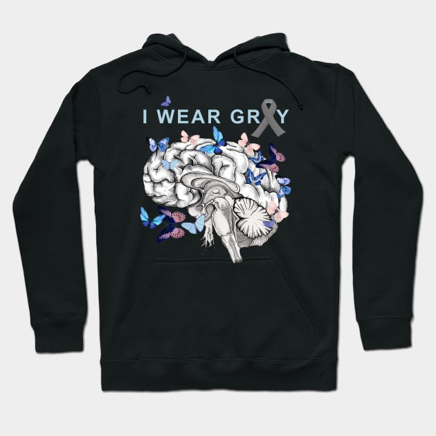 I Wear Grey, Brain Cancer Awareness Brain Tumor, with blue butterflies Hoodie by Collagedream